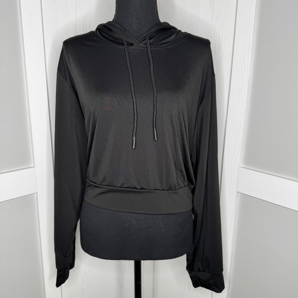 Real Essentials Black Cropped Hoodie Sweatshirt | Women's Plus 3X Stretch‎